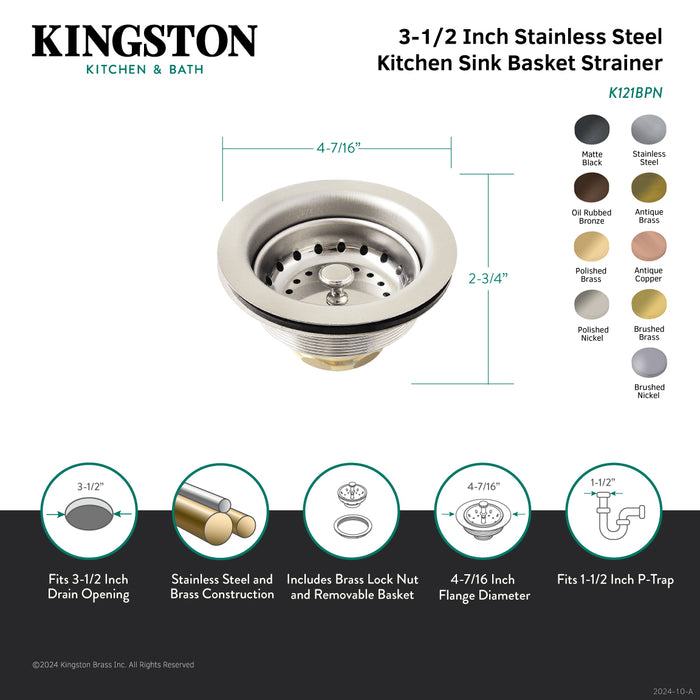 Kingston Fresno K121B 3-1/2-Inch Kitchen Sink Basket Strainer, Brushed Stainless Steel
