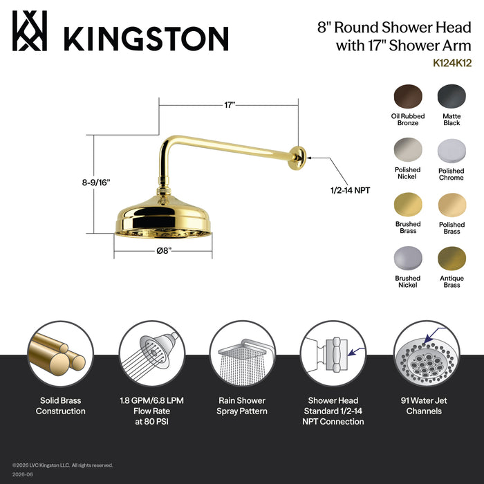 Kingston Trimscape K124K16 8-Inch Round Raindrop Brass Shower Head with 17-Inch Shower Arm, Polished Nickel