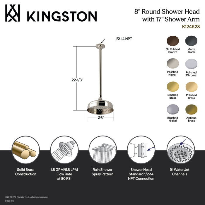 Kingston Trimscape K124K20 8-Inch Round Brass Shower Head with 17-Inch Ceiling Mounted Shower Arm, Matte Black