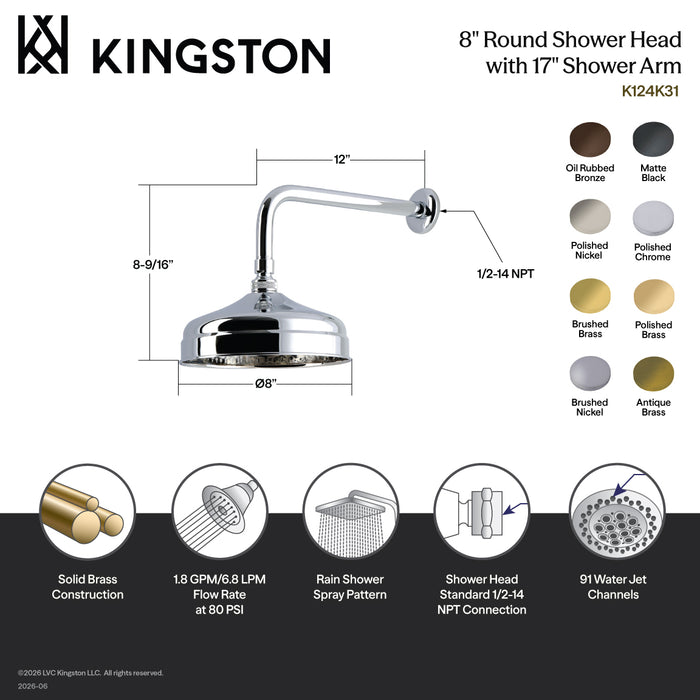 Kingston Trimscape K124K30 8-Inch Round Raindrop Brass Shower Head with 12-Inch Shower Arm, Matte Black