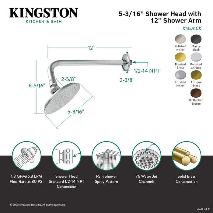 Victorian K135A6CK 5-1/4 Inch Brass Shower Head with 12-Inch Shower Arm, Polished Nickel