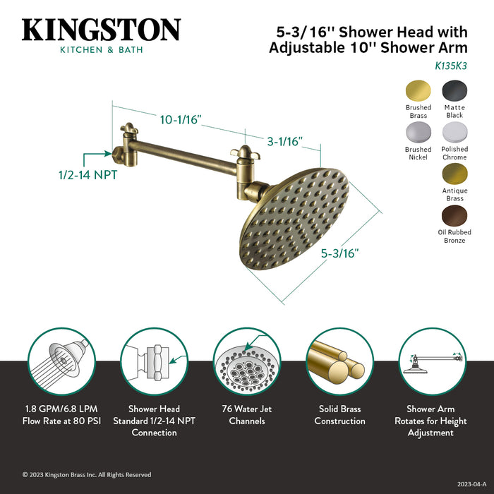 Kingston Heirloom K135K7 - Victorian 5-1/4-Inch Round Raindrop Brass Shower Head with 10-Inch High-Low Shower Arm, Brushed Brass