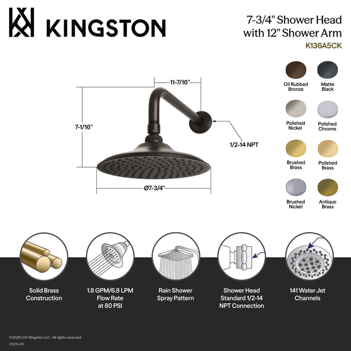 Kingston Heirloom K136A7CK - Victorian 7-3/4 Inch Round Raindrop Brass Shower Head with 12-Inch Shower Arm, Brushed Brass