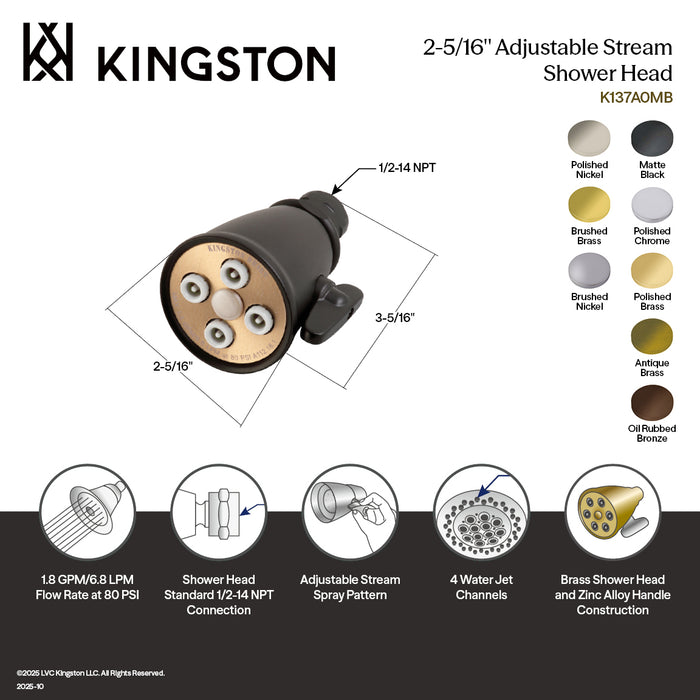 Kingston Heirloom K137A0MB - Victorian 2-5/16-Inch Round Adjustable Jet Spray Brass Shower Head, Matte Black