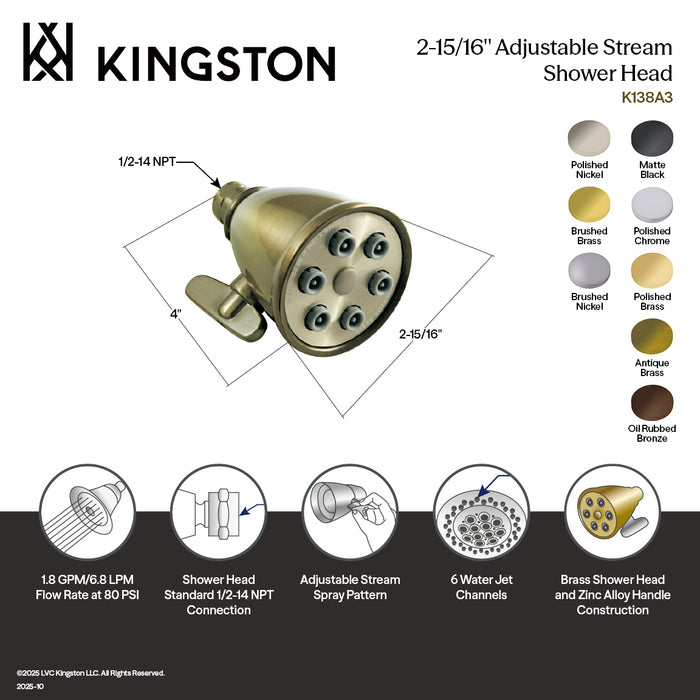 Kingston Heirloom K138A7 - Victorian 2-15/16-Inch Round Adjustable Jet Spray Brass Shower Head, Brushed Brass