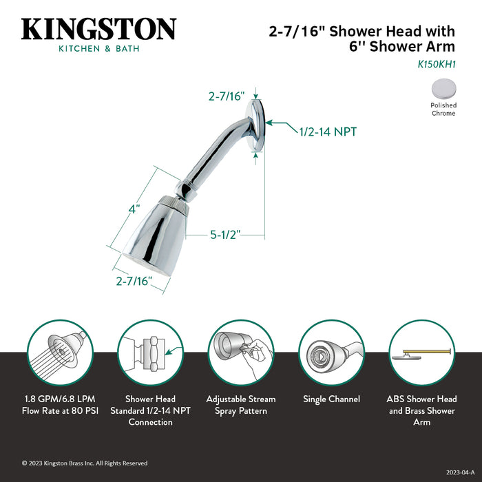 Kingston Made To Match K150KH1 2-3/8 Inch Round Jet Spray ABS Shower Head with 6-Inch Shower Arm, Polished Chrome