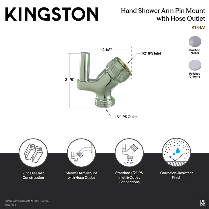 Kingston Trimscape K179A8 Hand Shower Arm Pin Mount with Hose Outlet, Brushed Nickel