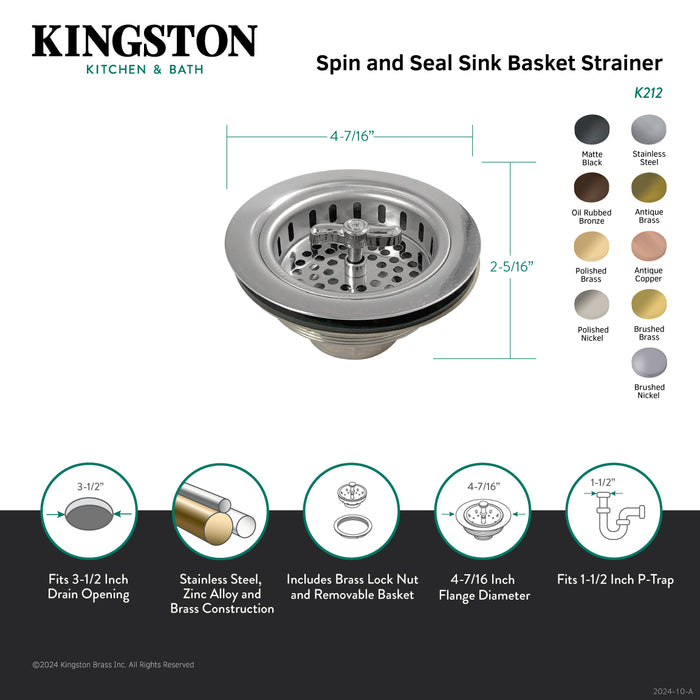Kingston Tacoma K212 3-1/2-Inch Kitchen Sink Basket Strainer, Brushed Stainless Steel