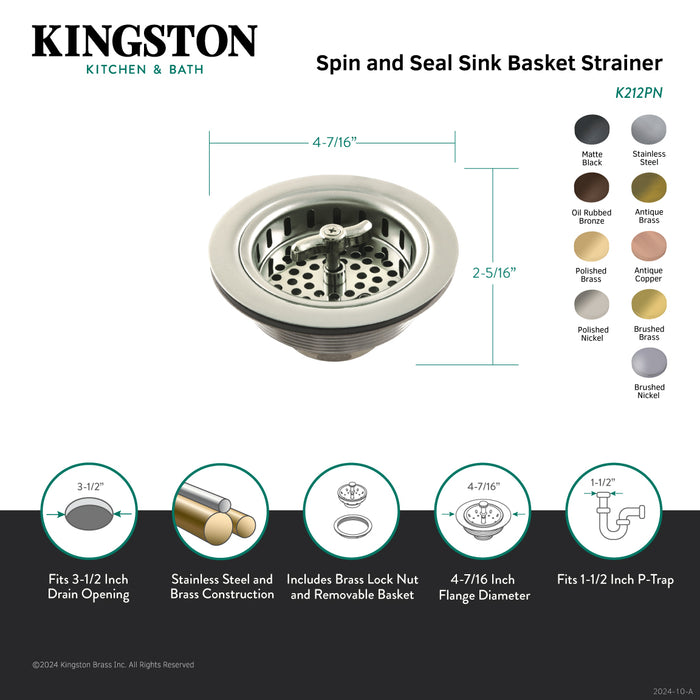 Kingston Tacoma K212BB 3-1/2 Inch Kitchen Sink Basket Strainer Only, Brushed Brass