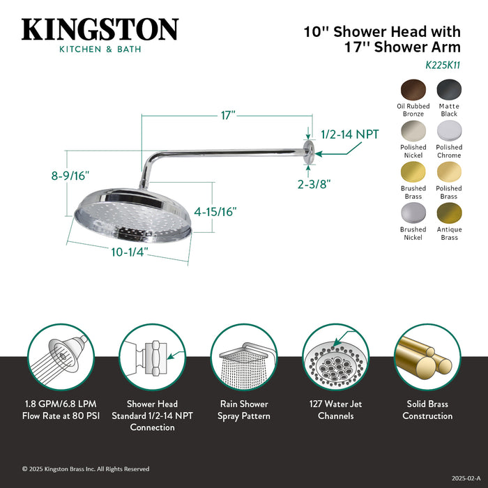 Kingston Heirloom K225K12 - Trimscape 10-Inch Round Raindrop Brass Shower Head with 17-Inch Shower Arm, Polished Brass