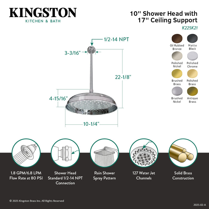 Kingston Heirloom K225K26 - Trimscape 10-Inch Round Raindrop Brass Shower Head with 17-Inch Ceiling Mounted Shower Arm, Polished Nickel