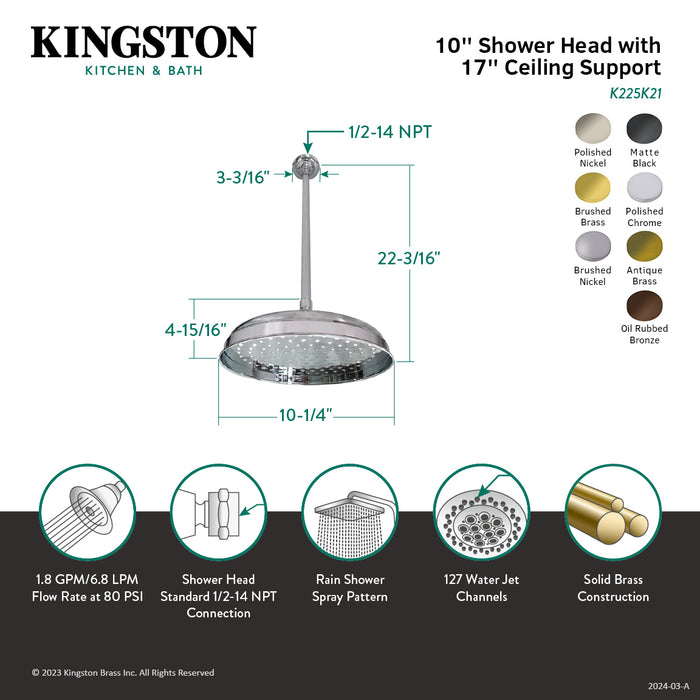 Shower Scape K225K28 10-Inch Brass Shower Head with 17-Inch Ceiling Support, Brushed Nickel