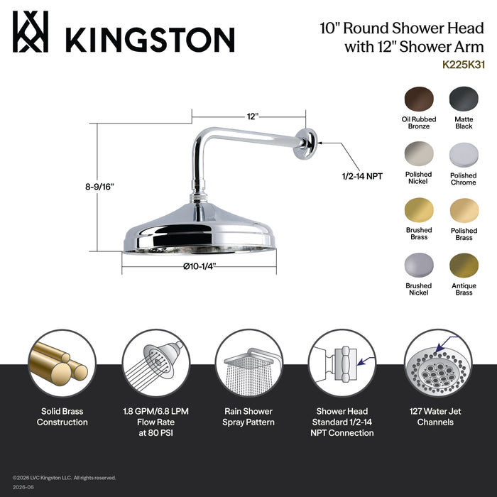 Kingston Trimscape K225K37 10-Inch Round Raindrop Brass Shower Head with 12-Inch Shower Arm, Brushed Brass