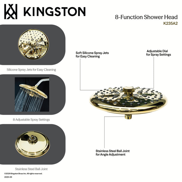 Kingston Trimscape K235A8 9.8-Inch Round Raindrop 8-Functio Shower Head, Brushed Nickel