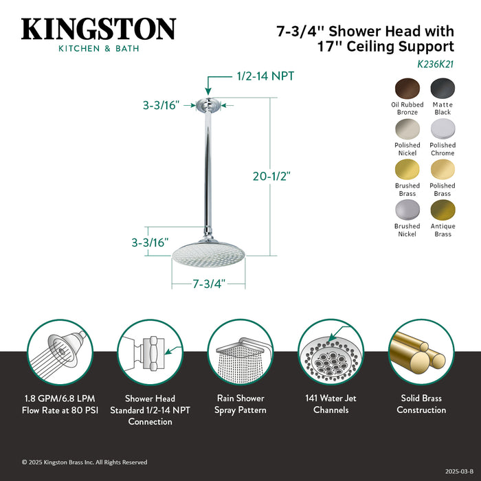 Kingston Heirloom K236K21 - Trimscape 7-3/4 Inch Round Raindrop Brass Shower Head with 17-Inch Ceiling Mount Shower Arm, Polished Chrome