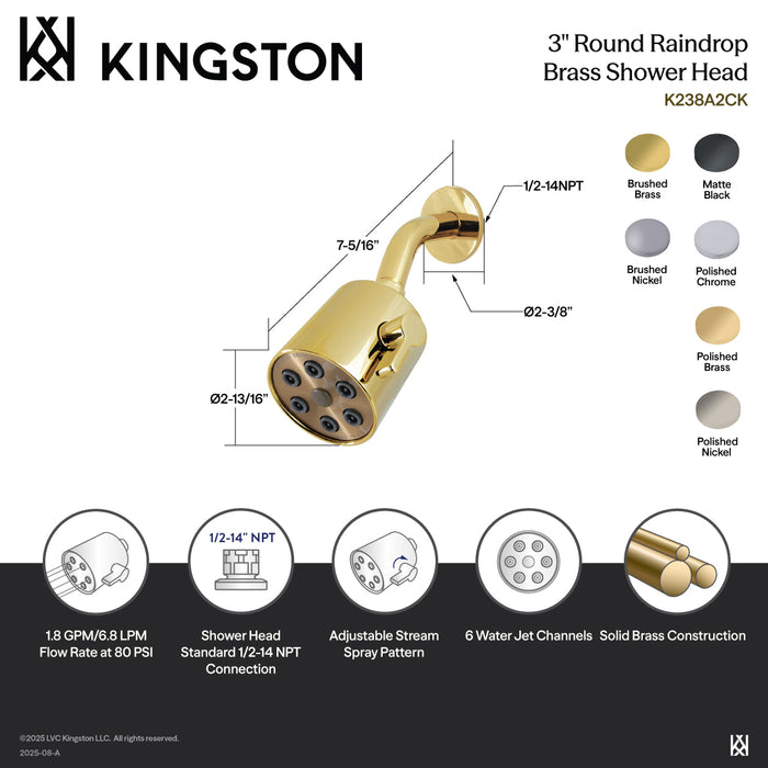 Kingston Sona K238A2CK - Shower Scape 3-Inch Round Jet Spray Brass Shower Head with 5-3/8 Inch Shower Arm, Polished Brass