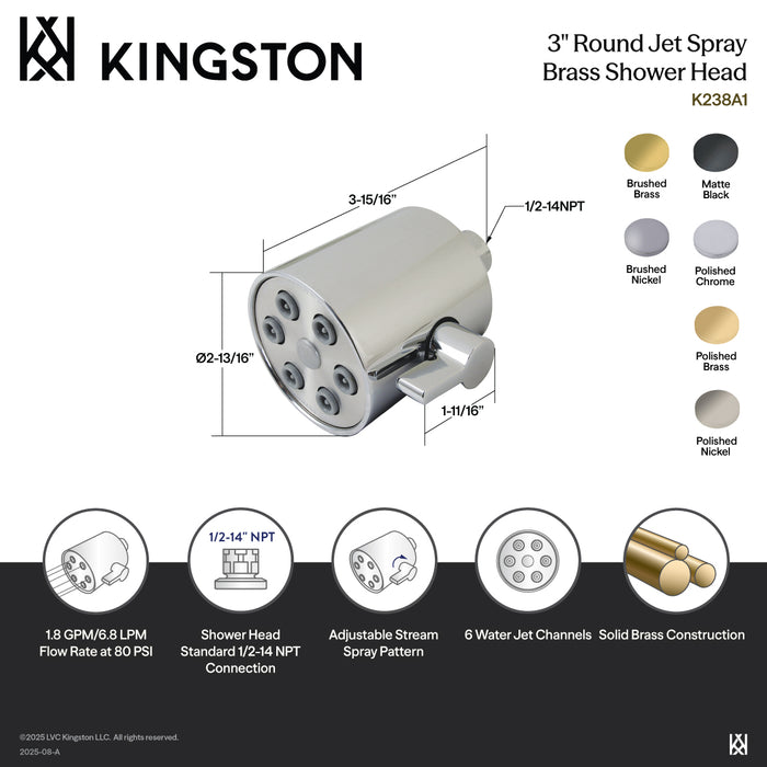Kingston Sona K238A6 - Shower Scape 3-Inch Round Jet Spray Brass Shower Head, Polished Nickel