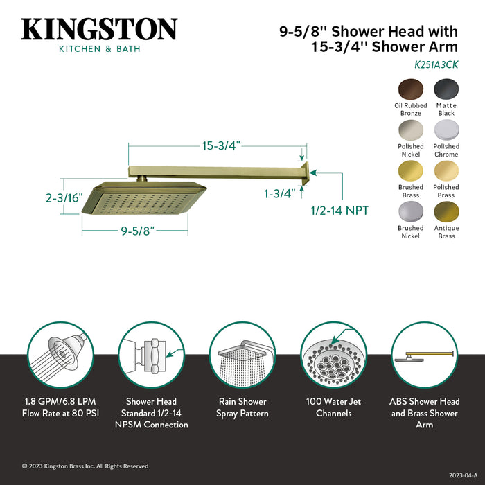 Kingston Sona K251A0CK - Claremont 9-5/8 Inch Square Raindrop ABS Shower Head with 15-3/4 Inch Shower Arm, Matte Black