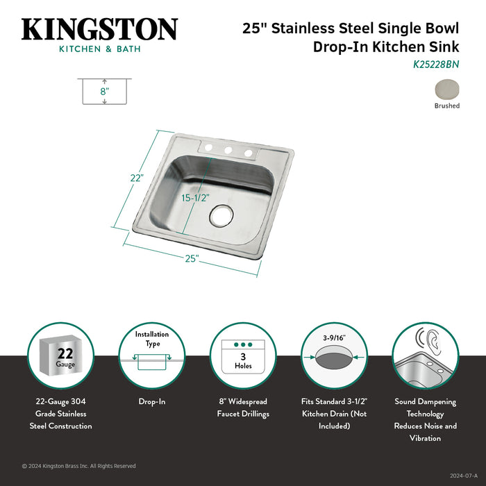 Kingston Carefree K25228BN 25-Inch Stainless Steel Self-Rimming Single Bowl Drop-In Kitchen Sink, Brushed Stainless Steel