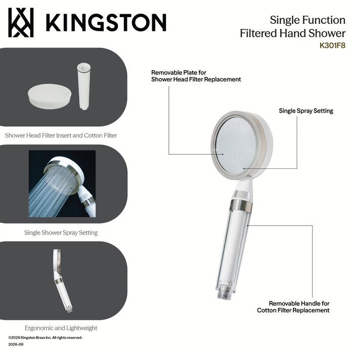 Kingston Shower Scape K301F1 Single Function Filtered Hand Shower, White/Polished Chrome