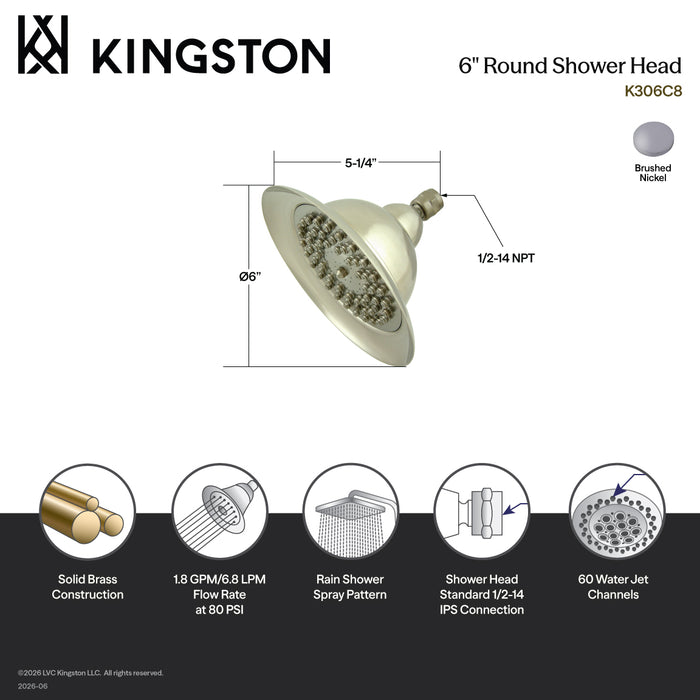 Kingston Vintage K306C8 6-Inch Round Raindrop Brass Shower Head, Brushed Nickel