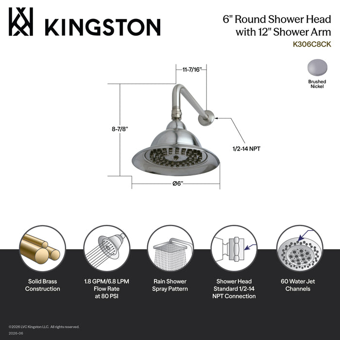 Kingston Vintage K306C8CK 6-Inch Round Raindrop Brass Shower Head with 12-Inch Shower Arm, Brushed Nickel
