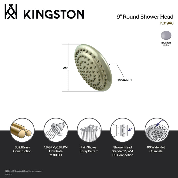 Kingston Restoration K319A8 9-Inch Round Raindrop Brass Shower Head, Brushed Nickel
