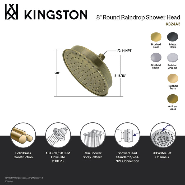 Kingston Sona K324A1 - Shower Scape 8-Inch Round Raindrop Brass Shower Head, Polished Chrome