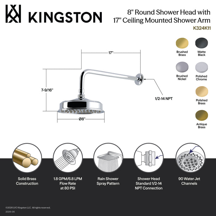 Kingston Trimscape K324K13 8-Inch Round Brass Shower Head with 17-Inch Ceiling Mounted Shower Arm, Antique Brass