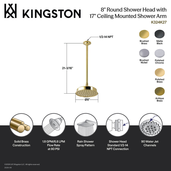 Kingston Trimscape K324K21 8-Inch Round Brass Shower Head with 17-Inch Ceiling Mounted Shower Arm, Polished Chrome