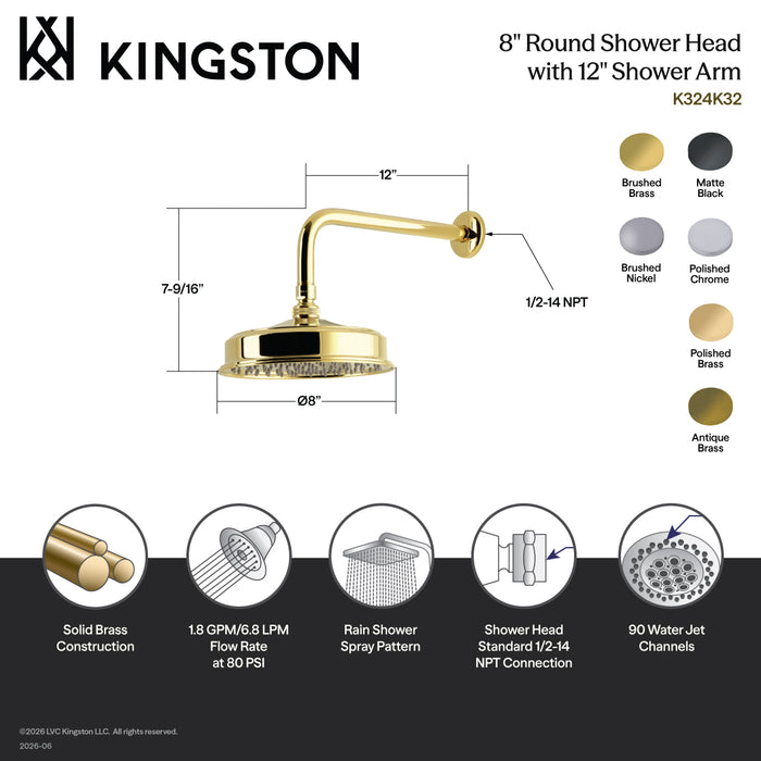 Kingston Trimscape K324K37 8-Inch Round Raindrop Brass Shower Head with 12-Inch Shower Arm, Brushed Brass