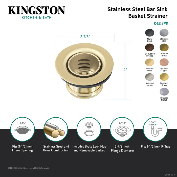 Kingston Portland K451B Stainless Steel Bar Sink Basket Strainer, Brushed Stainless Steel