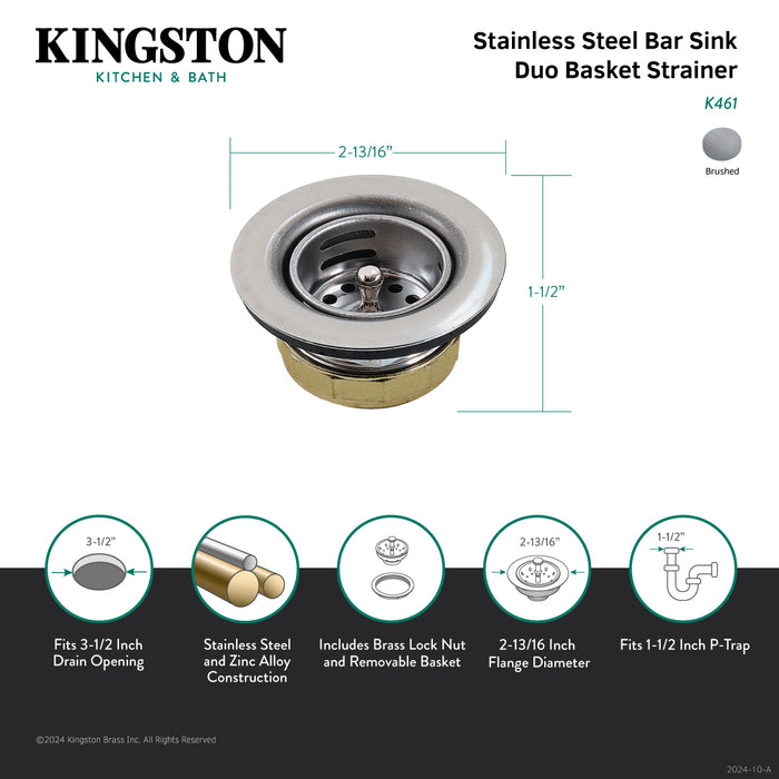 Kingston Tacoma K461 Stainless Steel Bar Sink Basket Strainer, Brushed Stainless Steel