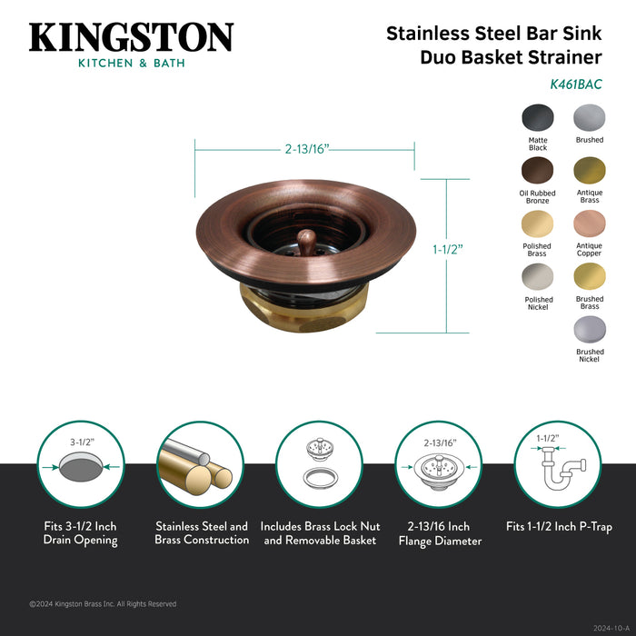 Kingston Tacoma K461BAB Stainless Steel Bar Sink Basket Strainer with Brass Nut, Antique Brass