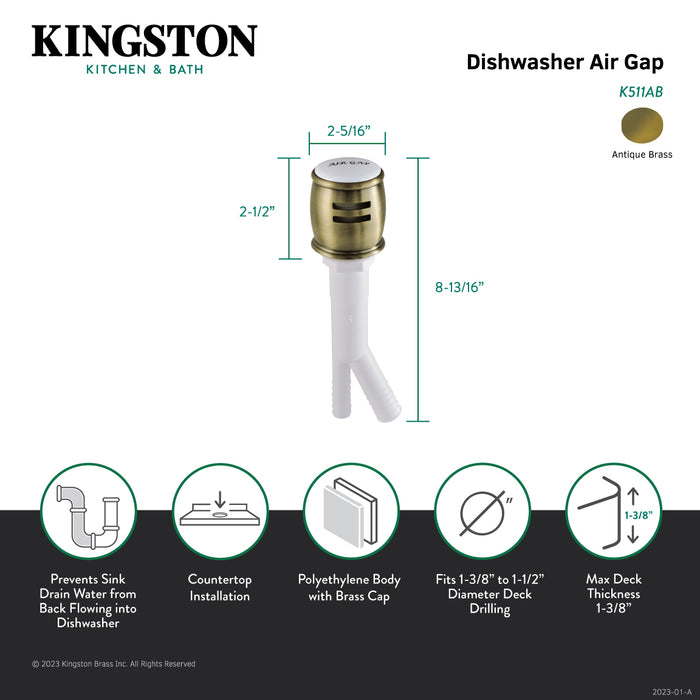 Kingston Heritage K511AB Dishwasher Air Gap with Brass Cover, Antique Brass