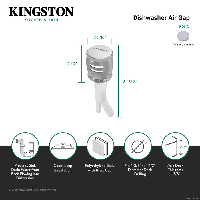 Kingston Heritage K511C Dishwasher Air Gap with Brass Cover, Polished Chrome
