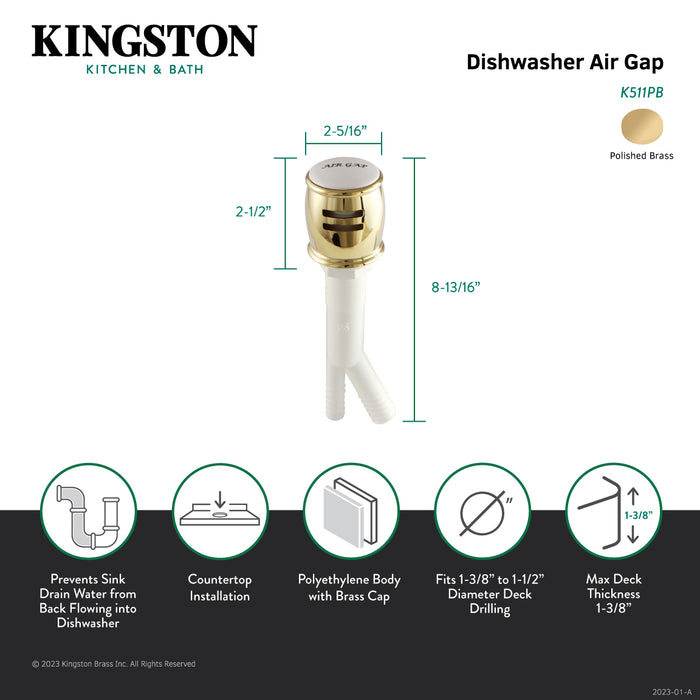Kingston Heritage K511PB Dishwasher Air Gap with Brass Cover, Polished Brass