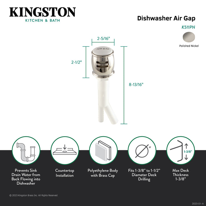 Kingston Heritage K511PN Dishwasher Air Gap with Brass Cover, Polished Nickel