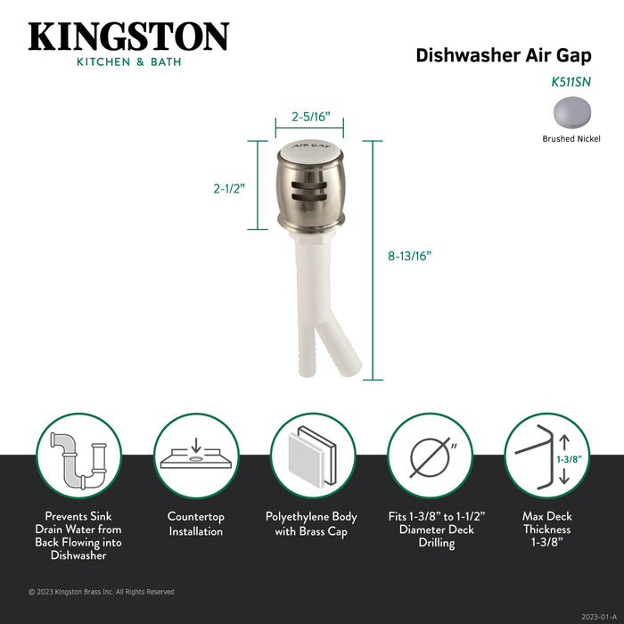 Kingston Heritage K511SN Dishwasher Air Gap with Brass Cover, Brushed Nickel