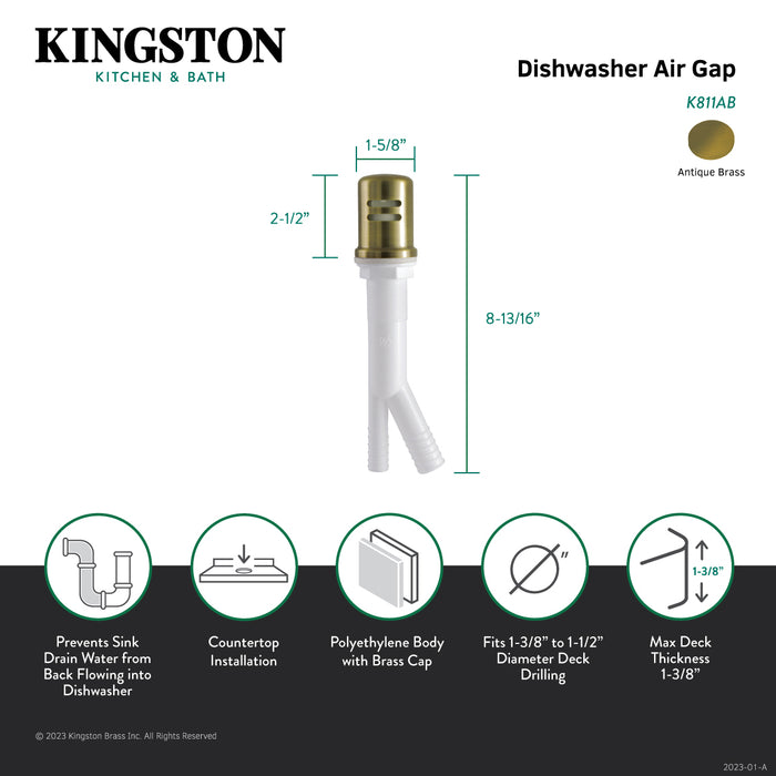 Kingston Trimscape K811AB Dishwasher Air Gap with Brass Cover, Antique Brass