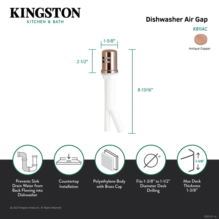 Kingston Trimscape K811AC Dishwasher Air Gap with Brass Cover, Antique Copper