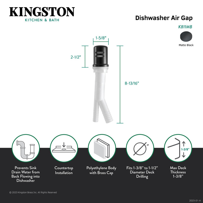 Kingston Trimscape K811MB Dishwasher Air Gap with Brass Cover, Matte Black