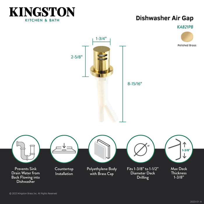 Kingston Trimscape KA821PB Dishwasher Air Gap with Brass Cover, Polished Brass