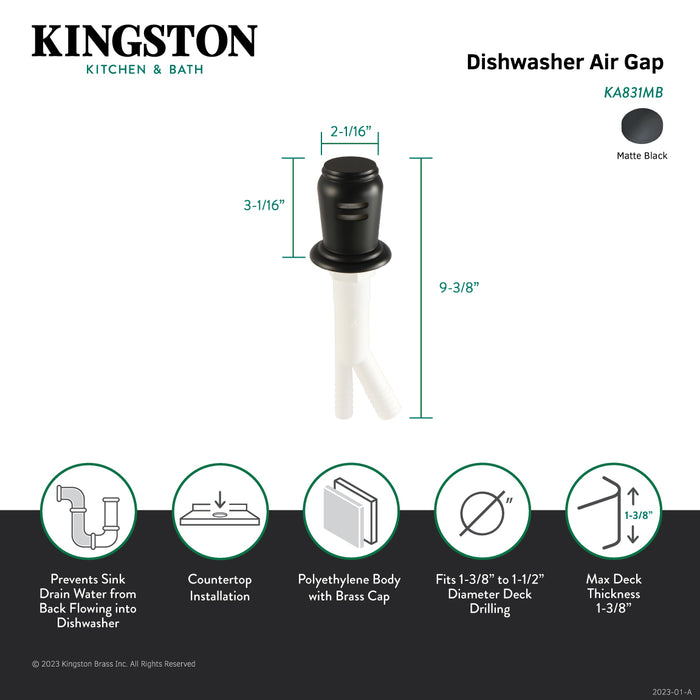 Kingston Heirloom KA831MB - Trimscape Dishwasher Air Gap with Brass Cover, Matte Black