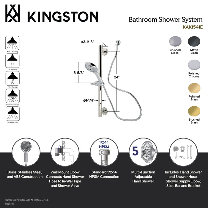 Kingston Tulare KAK1541E - Made To Match Shower System with 24-Inch Slide/Grab Bar and Hand Shower, Polished Chrome