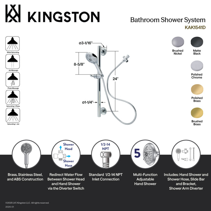 Kingston Tulare KAK1548D - Made To Match Shower System with 24-Inch Slide/Grab Bar and Hand Shower, Brushed Nickel