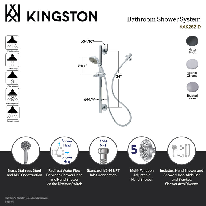 Kingston Tulare KAK2528D - Made To Match Shower System with 24-Inch Slide/Grab Bar and Hand Shower, Brushed Nickel