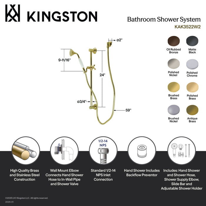 Kingston Heirloom KAK3527W7 - Made To Match Shower System with 24-Inch Slide/Grab Bar and Hand Shower, Brushed Brass
