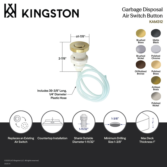 Kingston Trimscape KAM317 Garbage Disposal Air Switch Button, Brushed Brass