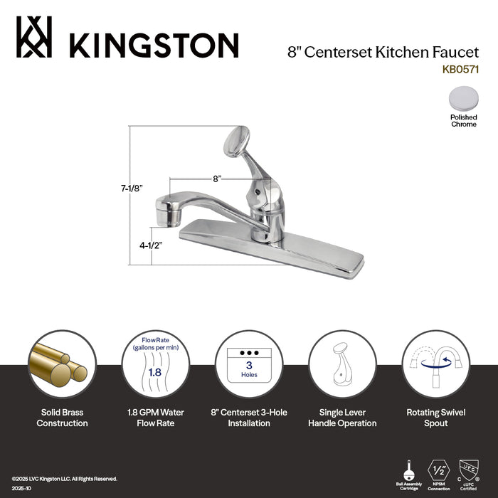 Kingston Columbia KB0571 One-Handle 3-Hole 8" Centerset Kitchen Faucet, Polished Chrome